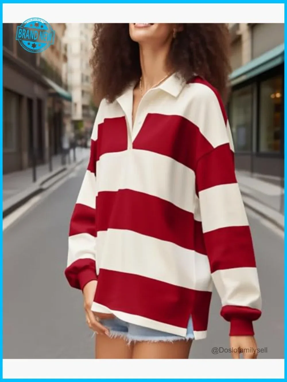 Y2K Oversized Rugby Polo Sweatshirt Long Sleeve V-Neck Collared Streetwear - Picture 2 of 2